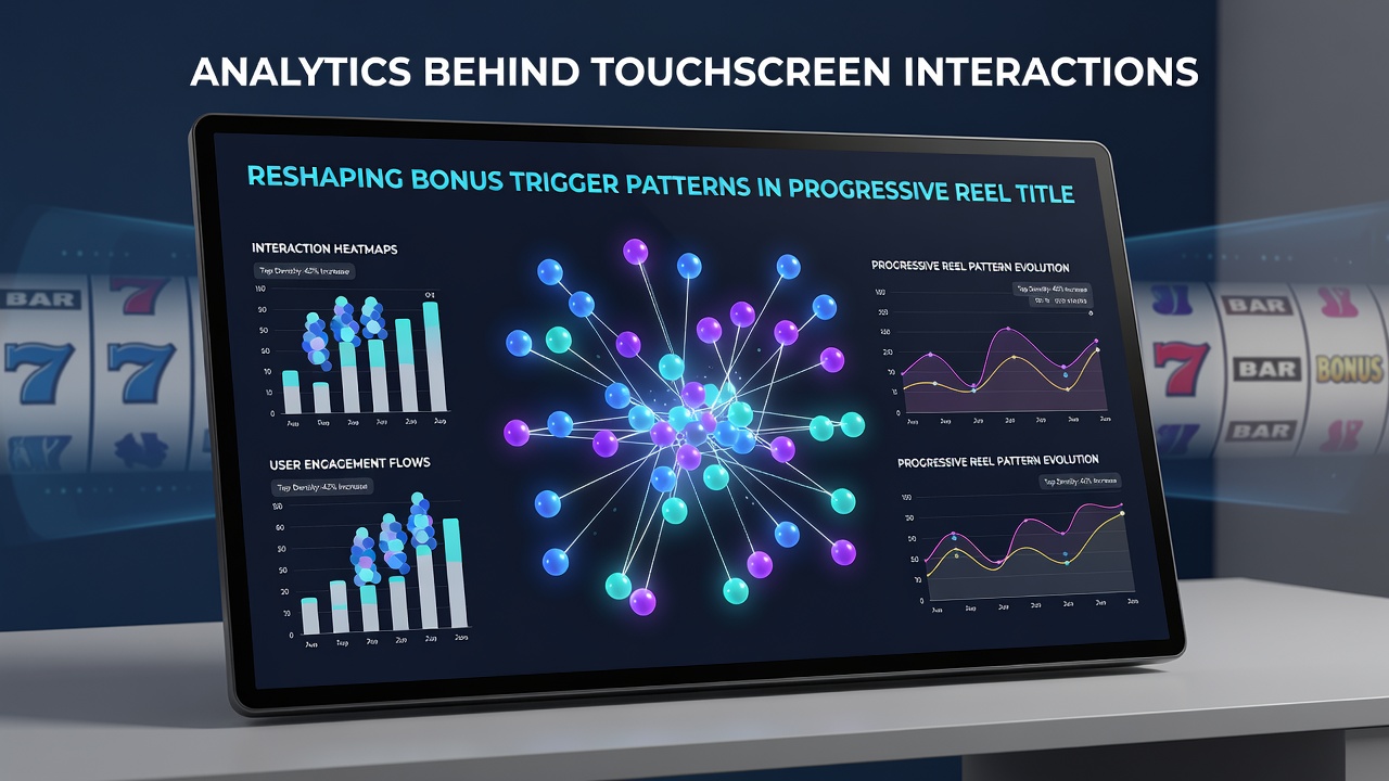 Mobile device screen displaying progressive slot reels with overlay touch interaction data