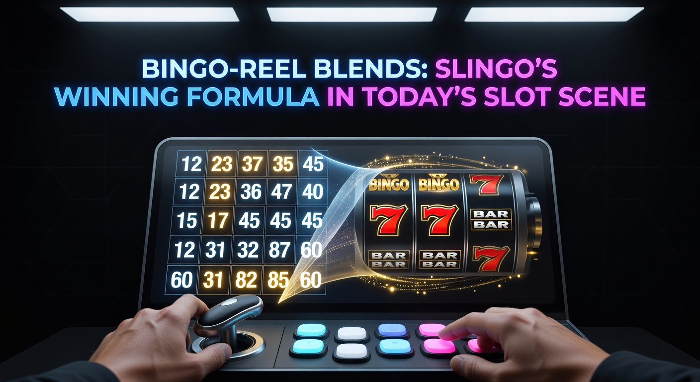 Vibrant Slingo game screen showing a 5x5 bingo card above spinning slot reels with matching numbers highlighted in neon colors