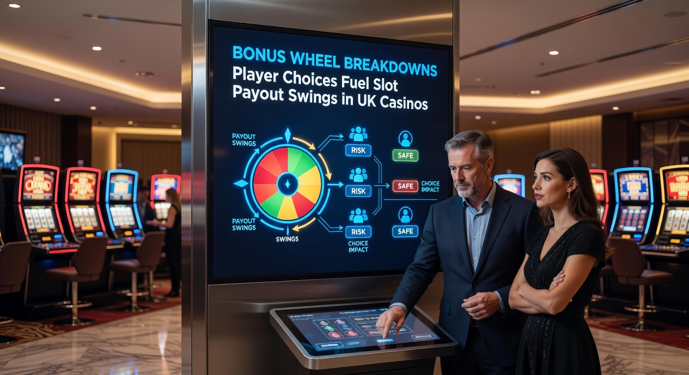 Close-up of a slot bonus wheel with player-selected risk segments, illustrating multiplier climbs and payout explosion in UK casino play