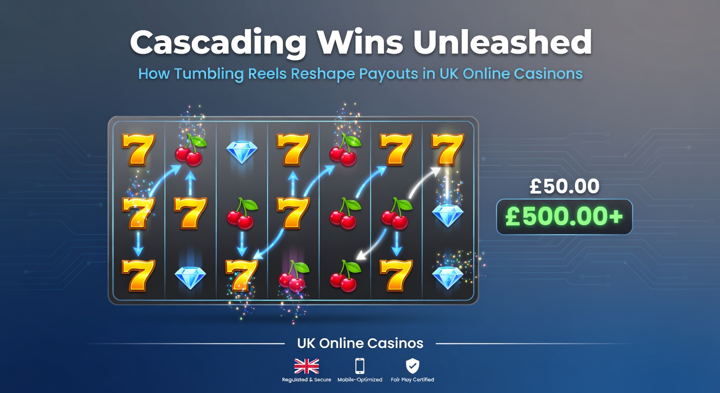 Close-up of tumbling symbols cascading down a slot grid, with multipliers glowing and payouts stacking in a UK online casino game