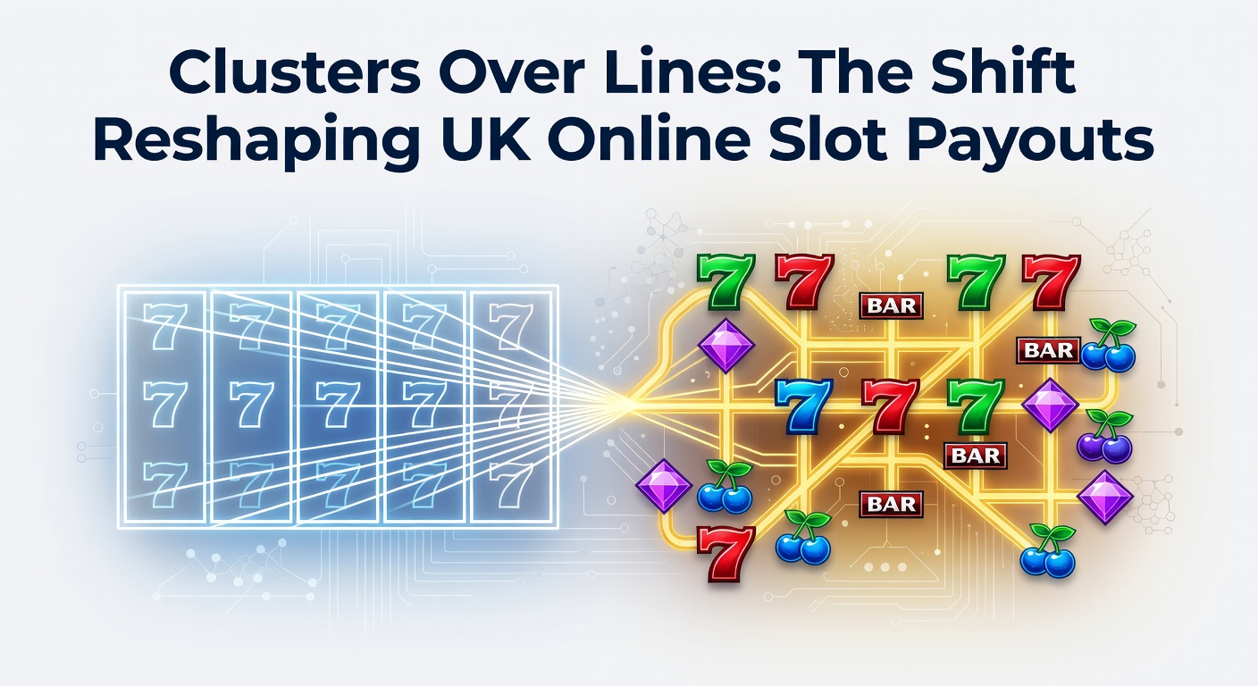 Vibrant cluster pays slot screen showing cascading symbols forming winning groups across a 6x5 grid