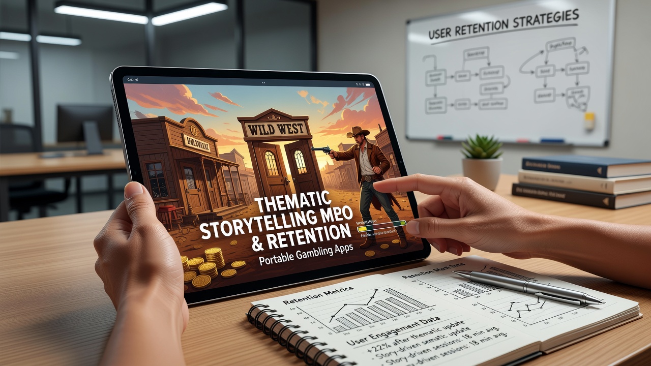 Mobile gambling app interface displaying immersive thematic elements and narrative-driven slot visuals