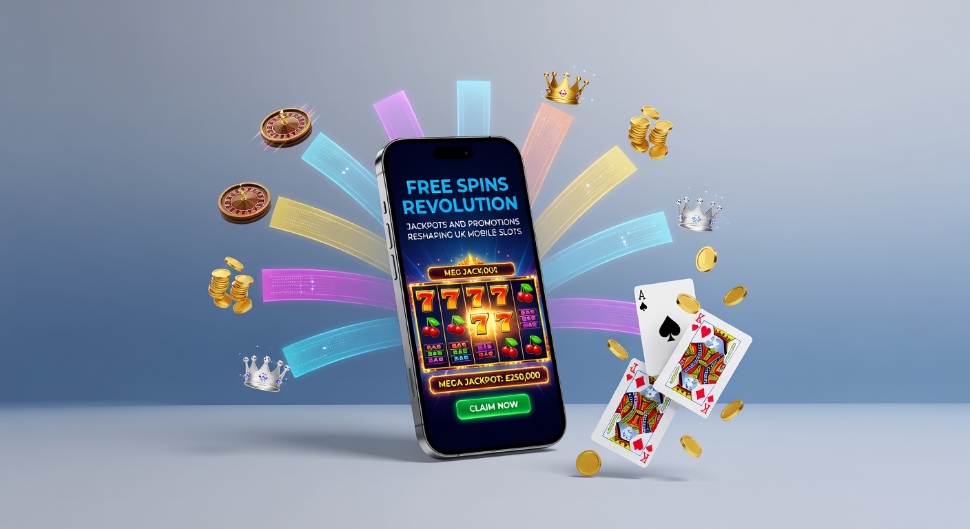 Dynamic close-up of a jackpot wheel spinning on a mobile device, free spins icons glowing, promotions banner overlay