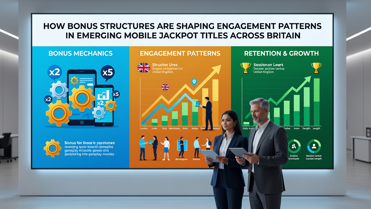 Analytics dashboard displaying engagement metrics for mobile jackpot titles with bonus structure breakdowns