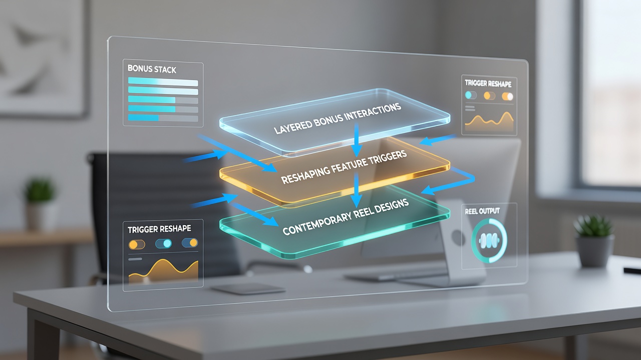 Diagram showing sequential bonus layers and reel modifications during feature triggers