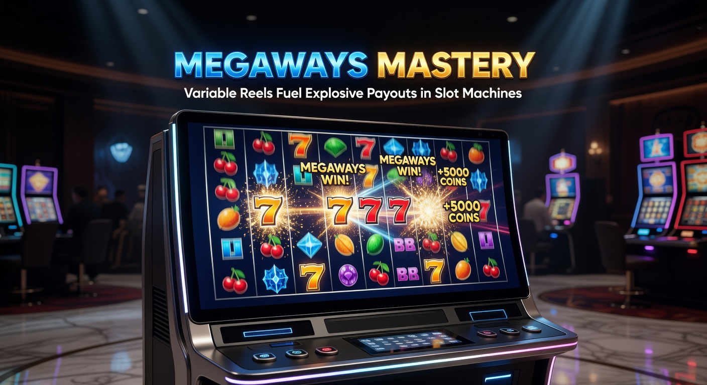 Dynamic illustration of Megaways slot reels expanding to show variable symbols per reel, highlighting massive win potential with cascading payouts