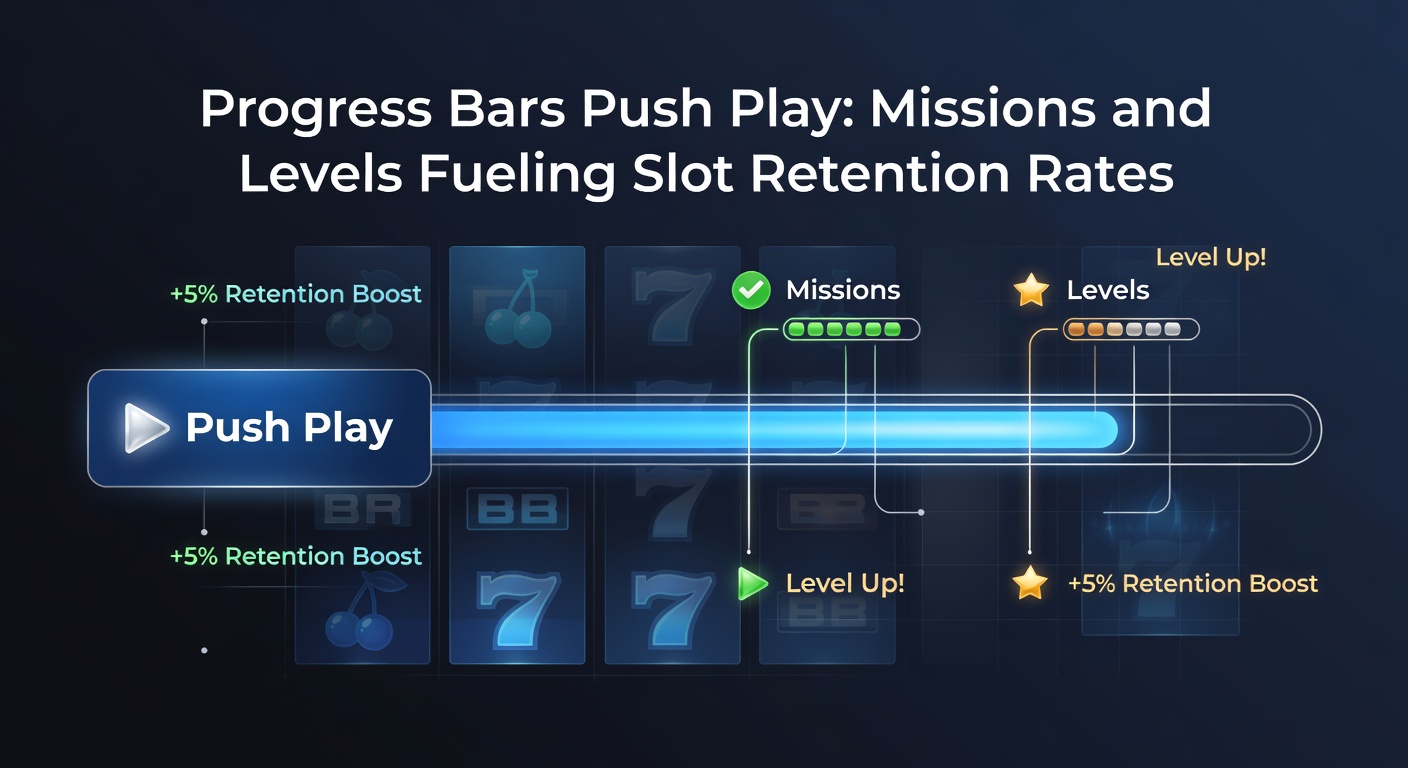 Vibrant slot game screen showing a progress bar filling up during a mission, with levels unlocking bonus features amid colorful reels and symbols