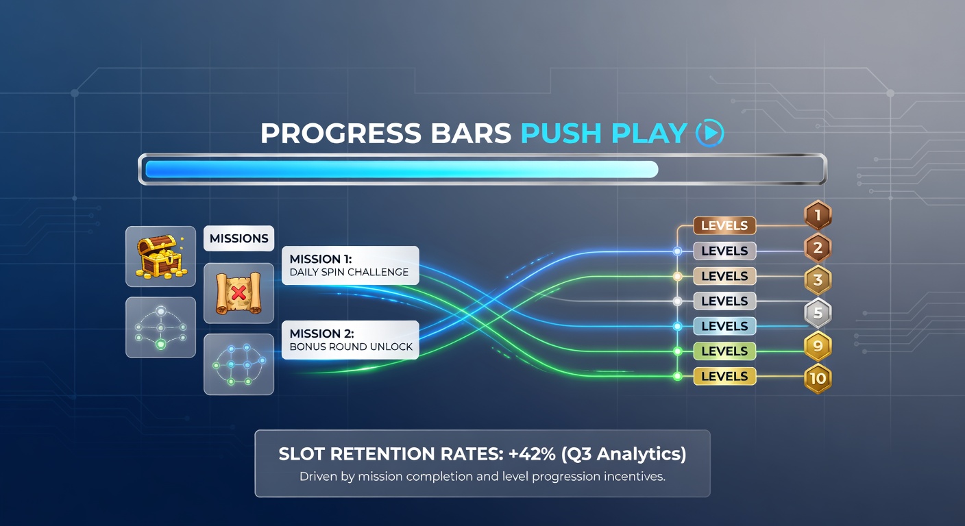 Close-up of a slot interface displaying multi-tiered levels, mission trackers, and a glowing progress bar nearing completion amid jackpot symbols and player stats