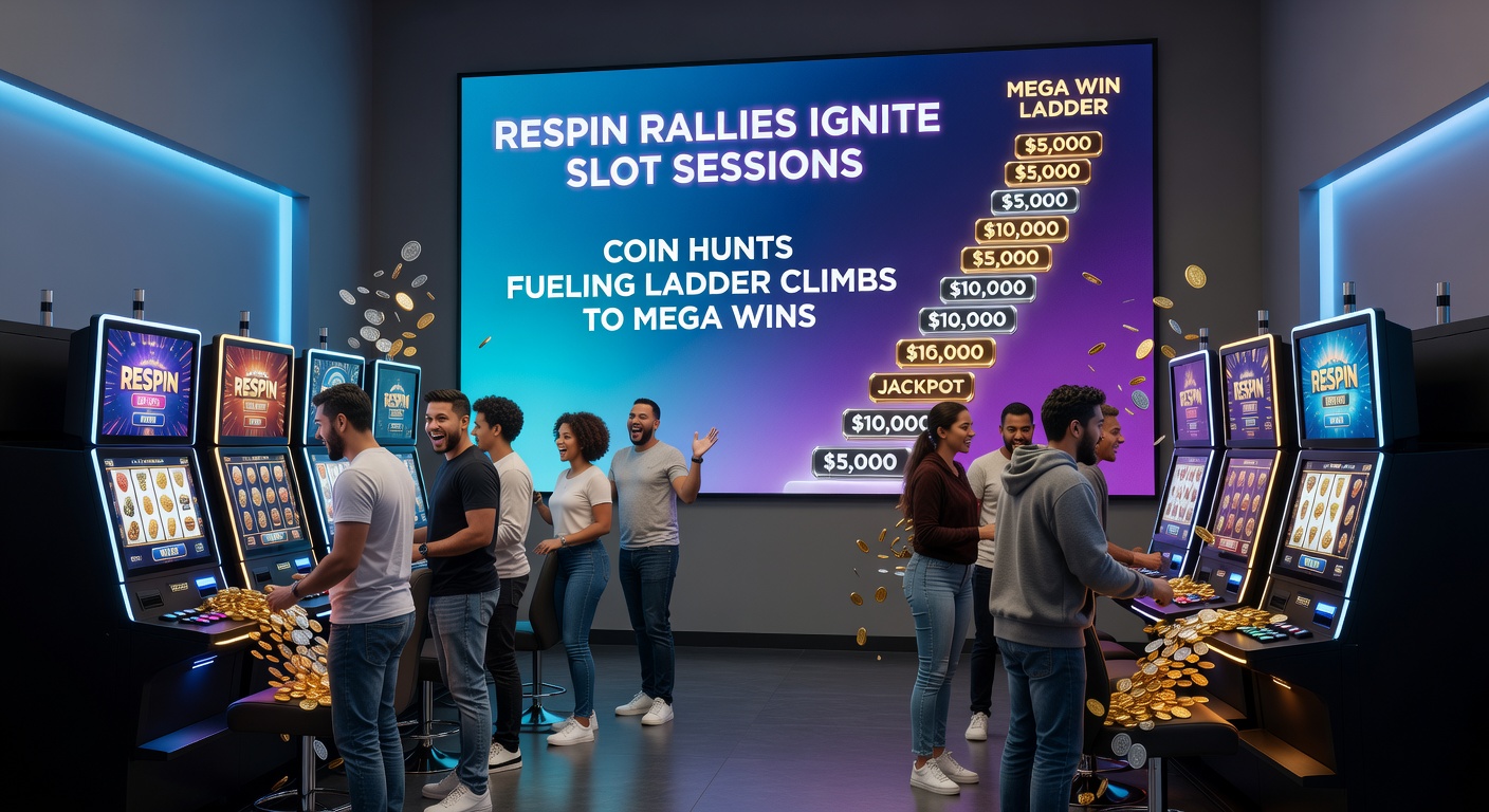 Coin hunt ladder climb in progress, wth glowing segments lighting up toward a mega win jackpot display