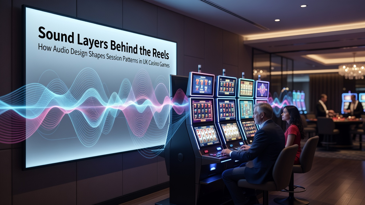 Player interacting with a mobile slot game interface while sound equalizer bars visualize dynamic audio layers responding to reel outcomes