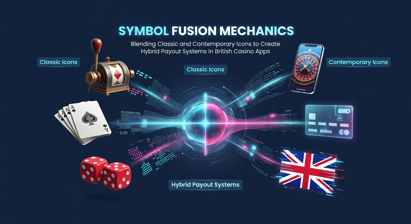 Illustration of classic slot symbols like cherries and bars merging with modern icons such as digital avatars in a British casino app interface