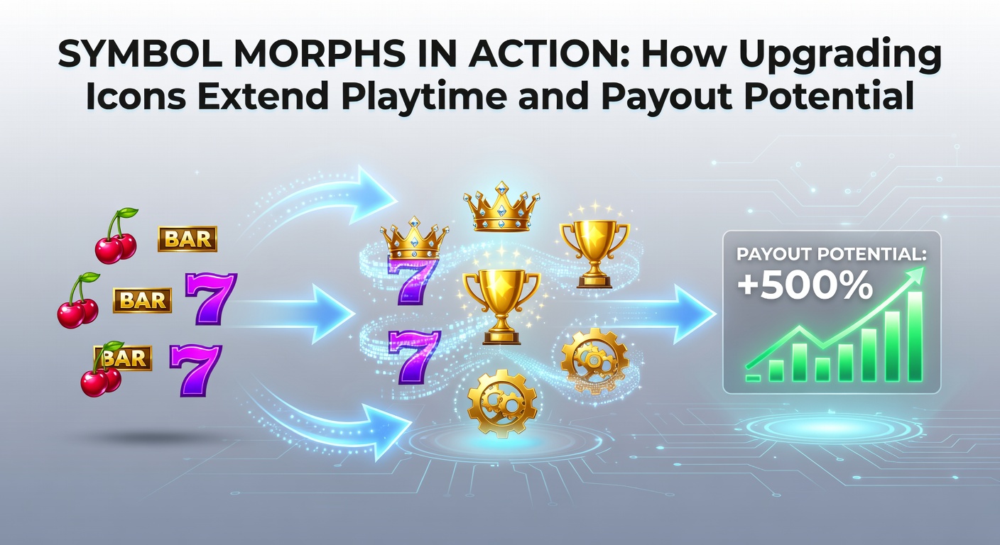 Vibrant slot reels showing symbols morphing from low-value fruits to high-value gems during a bonus round, illustrating upgrade mechanics in action