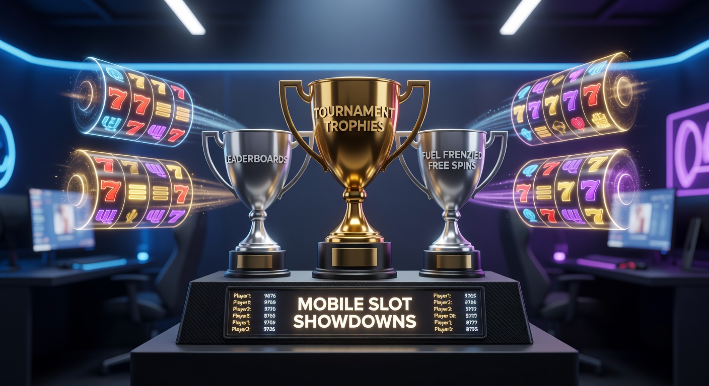 Vibrant mobile slot tournament leaderboard displaying top players chasing trophies amid spinning reels and free spin icons