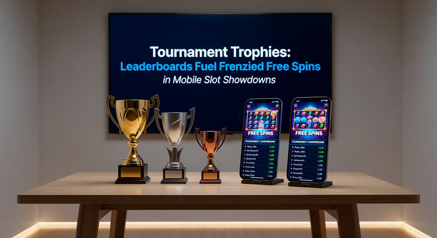 Dynamic screenshot of a mobile slot trophy podium with leaderboard rankings, free spin counters, and celebratory animations for winners