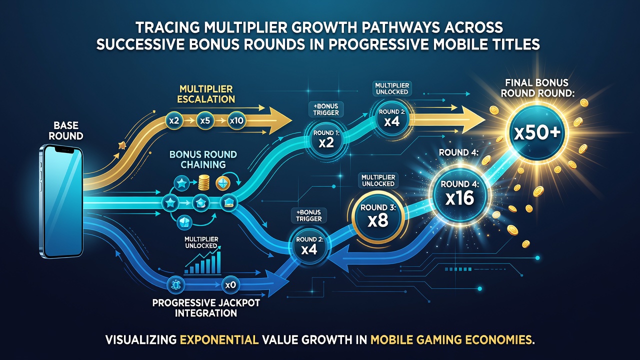 Mobile screen capture illustrating progressive multiplier values advancing through multiple bonus rounds