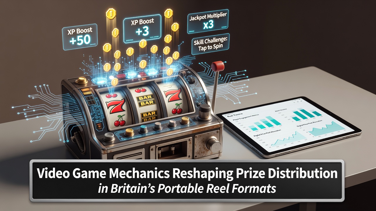 Illustration of video game mechanics integrated into mobile slot reels showing progression bars and reward tiers